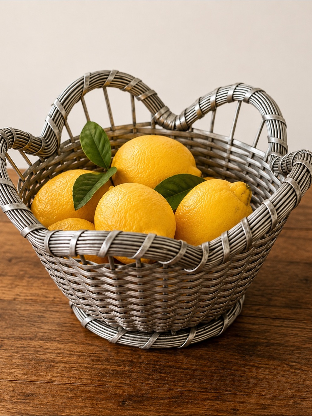 Woven Metal Basket Bowl Scalloped Handles Rustic Farmhouse Decor